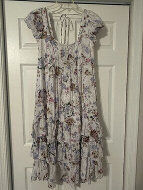 ANTHROPOLOGIE Sz M Multi-Color Floral Tiered Cap Sleeve Midi Dress BOHO